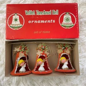 Vintage red velvet angel bell ornaments with box Christmas decor holiday antique